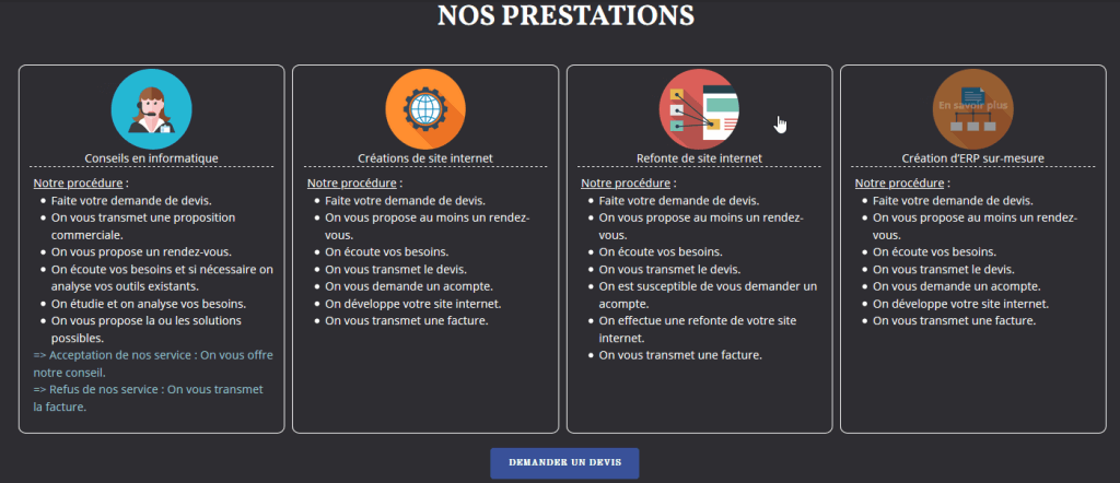 Page d'accueil - Section "Nos prestations" - après changements
