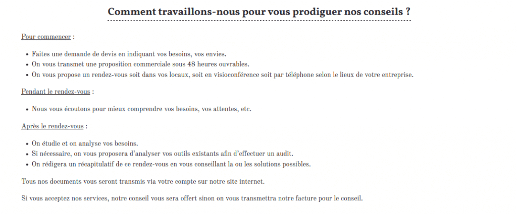 Page Conseils en informatique - Section "Comment travaillons-nous pour vous prodiguer nos conseils" - après changements