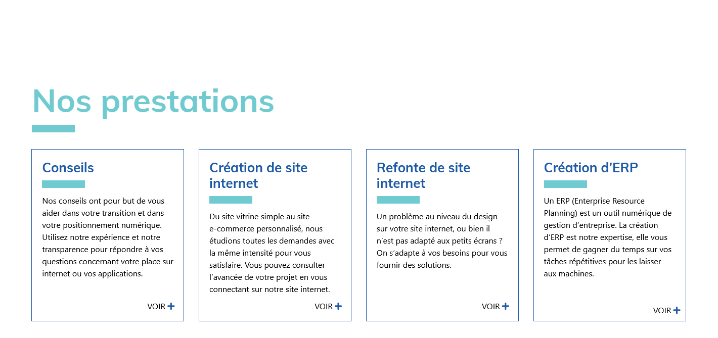 Section nos prestations de la page d'accueil après refonte